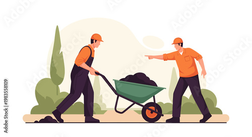 Two Gardeners Working Together with a Wheelbarrow Full of Soil.