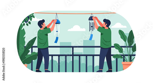Two Men Hanging Decorative Wind Chimes on a Balcony.