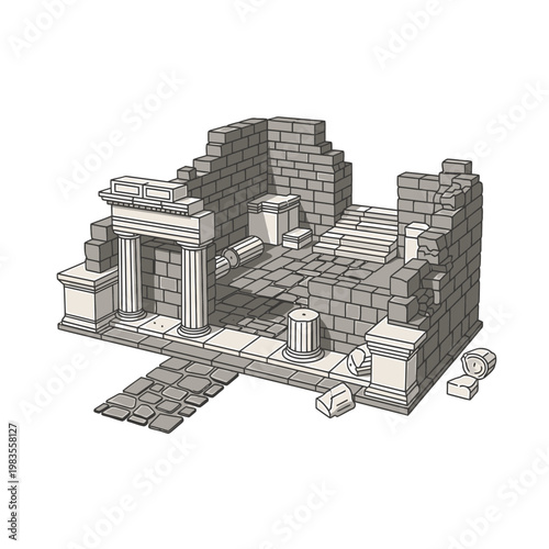 Isometric Vector Illustration of Ancient Greek Roman Temple Ruins