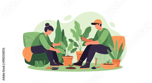 Two people planting flowers in pots outdoors illustration.