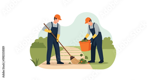Two Sanitation Workers Cleaning Public Park with Broom and Bucket.