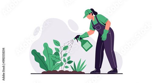 Woman Spraying Plants with Bottle in Garden.