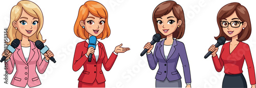 Vector illustration set of female news anchors and reporters with microphones, perfect for media, broadcast, and journalism-related designs