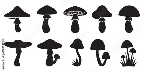 Minimal black and white mushroom outline icon set, simple fungal silhouette vector collection, nature food botanical illustration design