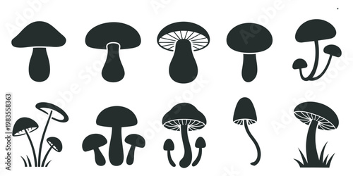 Mushroom outline icon set, minimal black and white vector illustrations, fungal silhouette icons, nature and botanical design elements collection