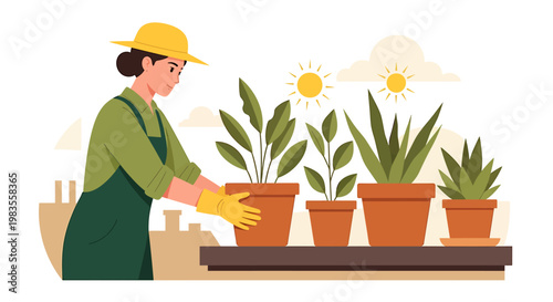 Woman tending to potted plants, indoor gardening, home greenery.