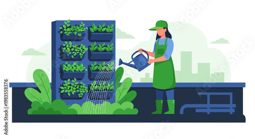 Woman watering a vertical garden on a rooftop.