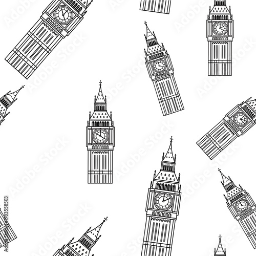 London Big Ben Clock Tower Line Art Seamless Pattern Vector
