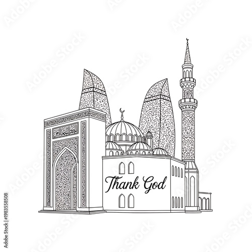 Mosque and Flame Towers Line Art Illustration with Thank God Text