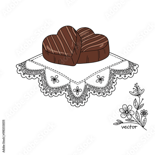 Two Heart Shaped Chocolate Pralines on Lace Doily Vector Illustration