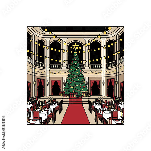 Grand Ballroom Interior with Christmas Tree and Festive Banquet