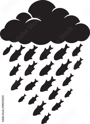 Silhouette illustration of a cloud raining fish instead of water