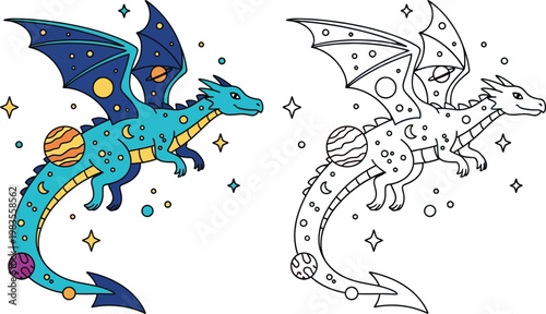 Celestial Dragon with Planets and Stars Flying Through Space