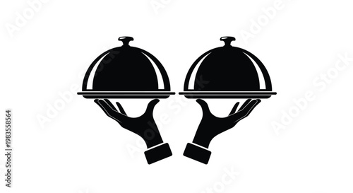 Two covered dishes presented on silver platters by gloved hands