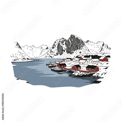 Vector illustration of a scenic Lofoten fishing village in winter
