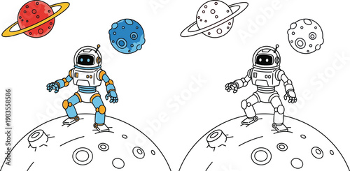 Cartoon Astronaut Robot Exploring a Moon Landscape with Planets