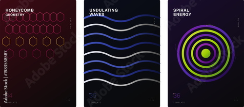 Geometric pattern poster template set honeycomb rose gold wave spiral creative design