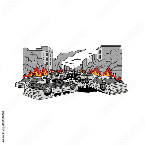 Post Apocalyptic City Street Illustration with Burning Overturned Cars