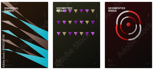 Mosaic geometric poster template set diagonal bands organic tiles segmented rings design