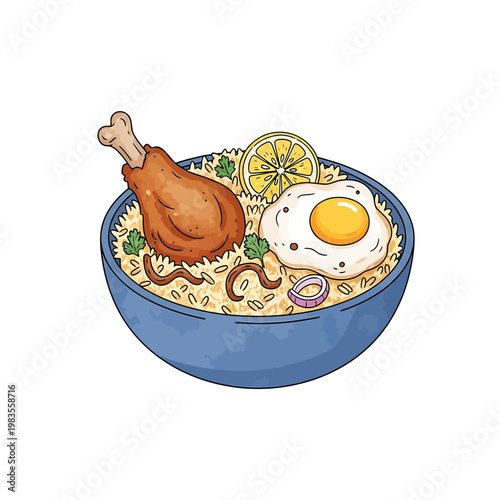 Hand Drawn Illustration of Chicken Fried Rice with Egg and Lemon