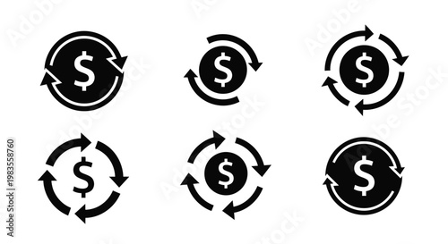 Black and white icons depicting currency exchange and financial circulation