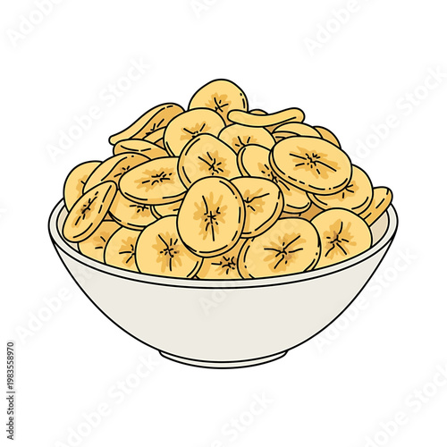 Bowl of dried banana chips vector illustration isolated on white
