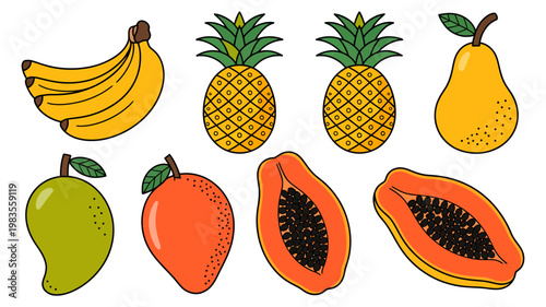 Vibrant hand-drawn tropical fruit collection including bananas pineapples pears mangos and papayas set