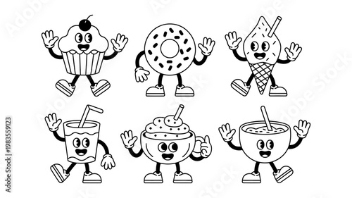 Retro cartoon food characters collection featuring cute snacks with happy faces and waving arms for design