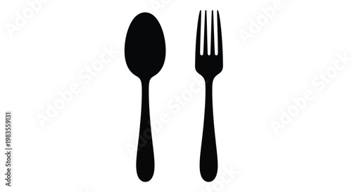 Simple black silhouettes of a spoon and fork on a white background