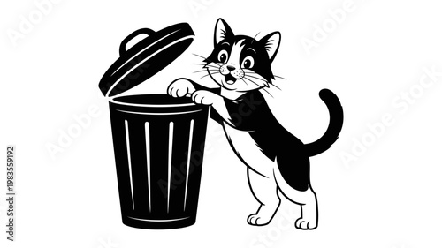 Cute cat standing next to open trash can looking for food black and white cartoon vector illustration
