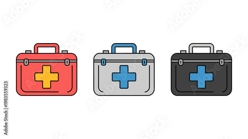 Three medical first aid kits with crosses isolated on white background for health and safety branding