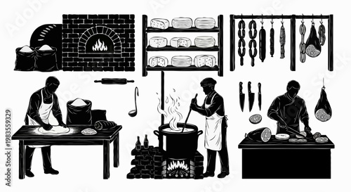 Black and White Kitchen Interior with Silhouette Chef. Restaurant Scene