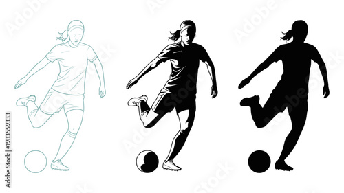 Female soccer player kicking ball in sketch silhouette and shadow forms