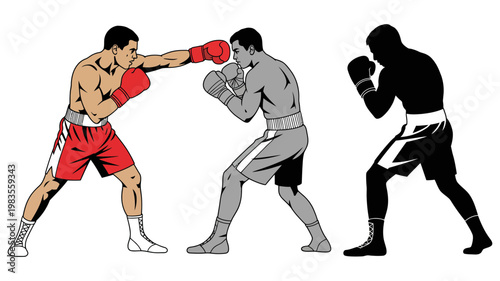 Boxers fighting pose illustration and silhouette graphic