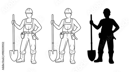 Construction worker silhouette with shovel illustration line art