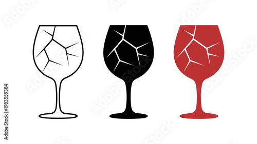 Three cracked wine glasses in outline black and red
