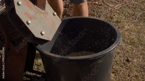 Wallpaper Mural Shredded wood chips flying out of chipper into large black bucket close-up slow motion Torontodigital.ca