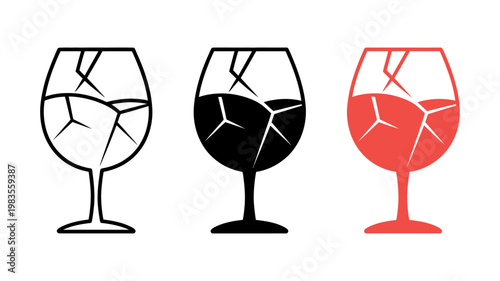 Three cracked wine glasses in outline black and red
