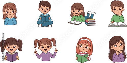 Vector illustration set of 8 cute cartoon children engaged in various reading and thinking poses, perfect for educational, children's reading, and learning designs