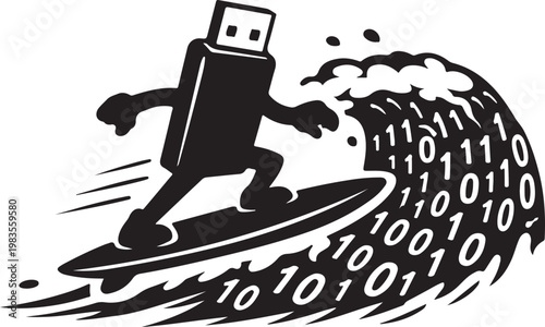 Silhouette illustration of a USB stick surfing data waves