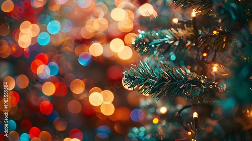 Christmas tree lights with colorful bokeh festive holiday background and soft glow