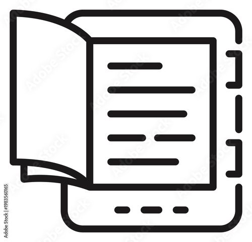 Black line art vector icon of an e-reader or digital tablet with a physical book page flipping over the screen, symbolizing electronic reading, digital library, and modern education.