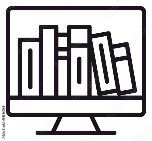 Minimalist black vector icon of a computer monitor with a row of books on the screen, symbolizing a digital library, online education, e-learning, virtual classroom, and web-based study concept.