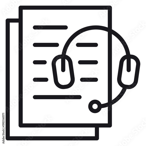 Black line vector icon of a document stack with a headset and microphone, representing customer service, technical support, audio transcription, call center scripts, or online education.