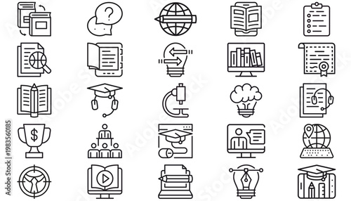 25 Education and Business Vector Icon Set, Minimalist Black Line Icons Bundle for E-learning, Online Study, Communication, Creative Design, Science Research, Recruitment, and Task Management.