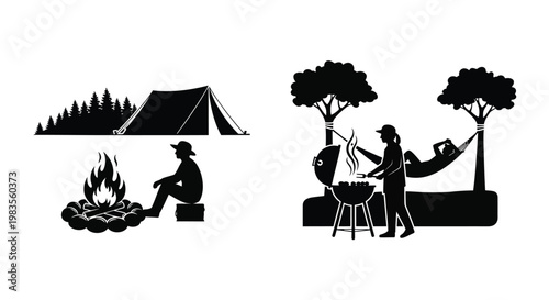 Black and white icons depicting camping grilling and relaxing outdoors