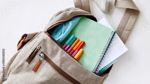 Backpack With School Supplies on a Plain Background