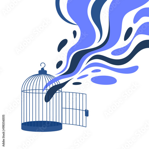 blue birdcage with open door and smoke coming out