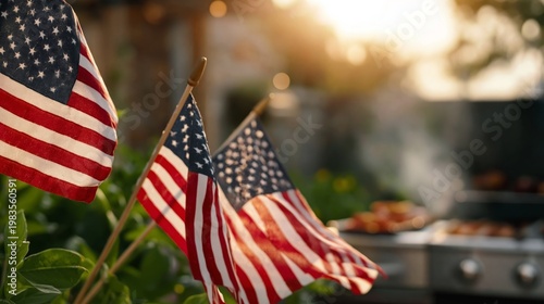 People Grill Chicken and Enjoy Summer Barbecue With American Flags in Backyar...