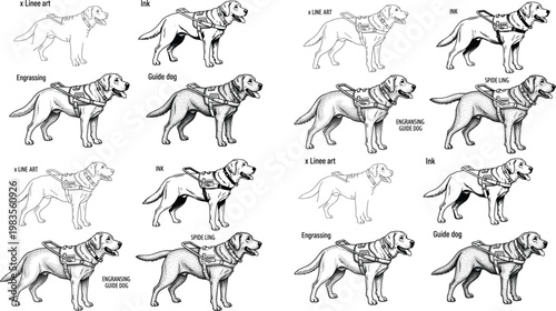 Set of Guide Dog Illustrations in Multiple Styles Including Line Art, Ink, Engraving, and Special Poses for Accessibility, Assistance, and Animal Themes